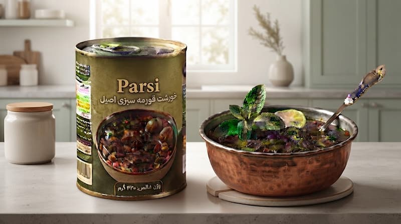 کنسرو خورشت قورمه سبزی فارسی با بسته بندی مناسب بازار عمده